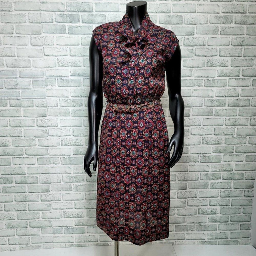Vintage 70s Sheer Chiffon Mandala Geometric Pattern Tie‎ Collar Midi Dress